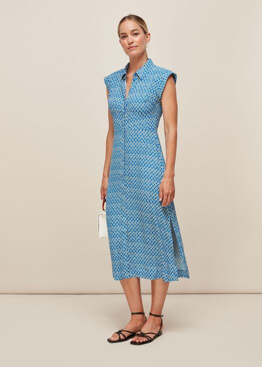 Whistles Dresses & Skirts - Whistles Astrix Floral Midi Dress Blue Button Front High Slit Short Sleeve Sz 12